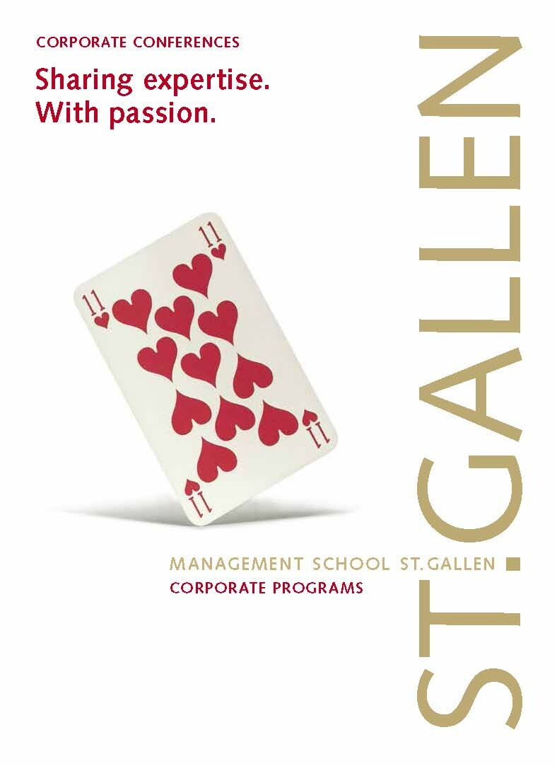Cover page of the brochure “Corporate Conferences” of the Management School St.Gallen with modern design and logo.