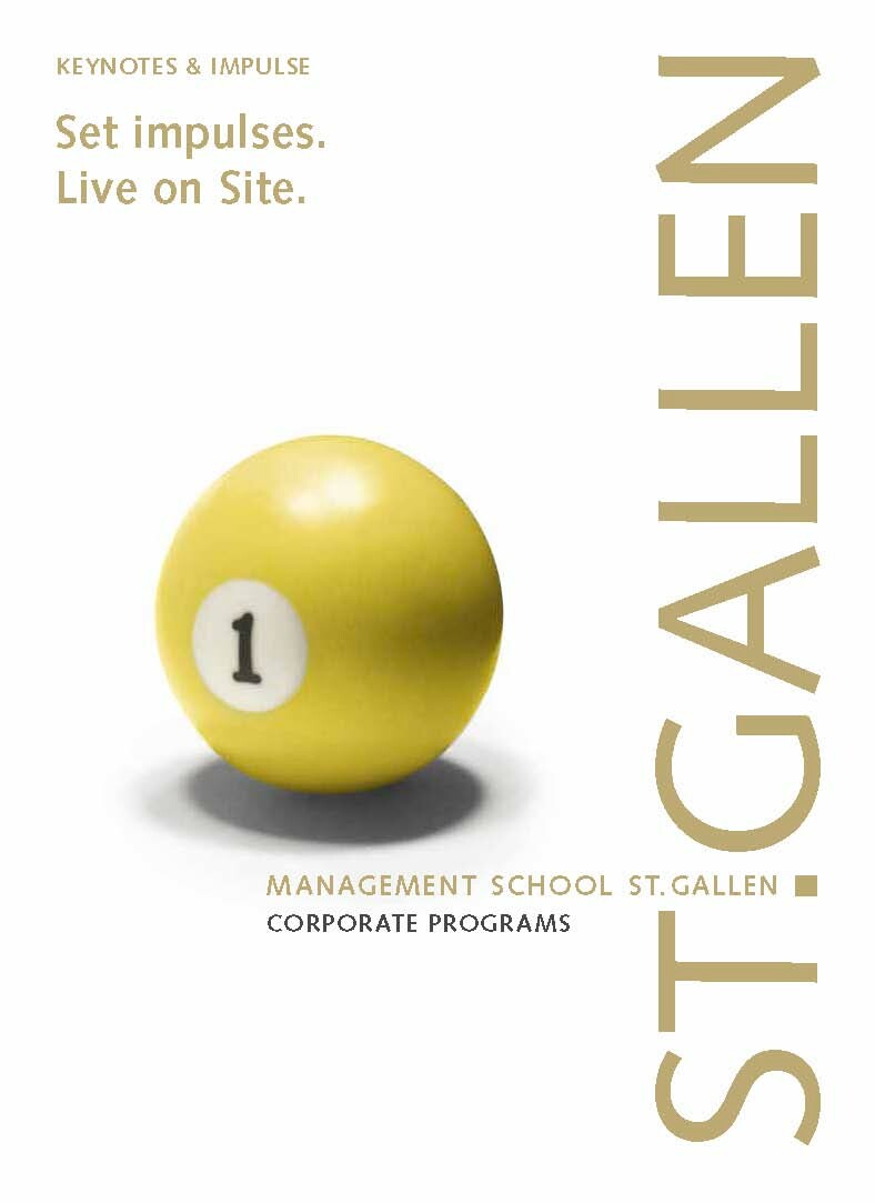 Deckblatt der Broschüre «Keynotes & Impulse» der Management School St.Gallen mit modernem Design und Logo.