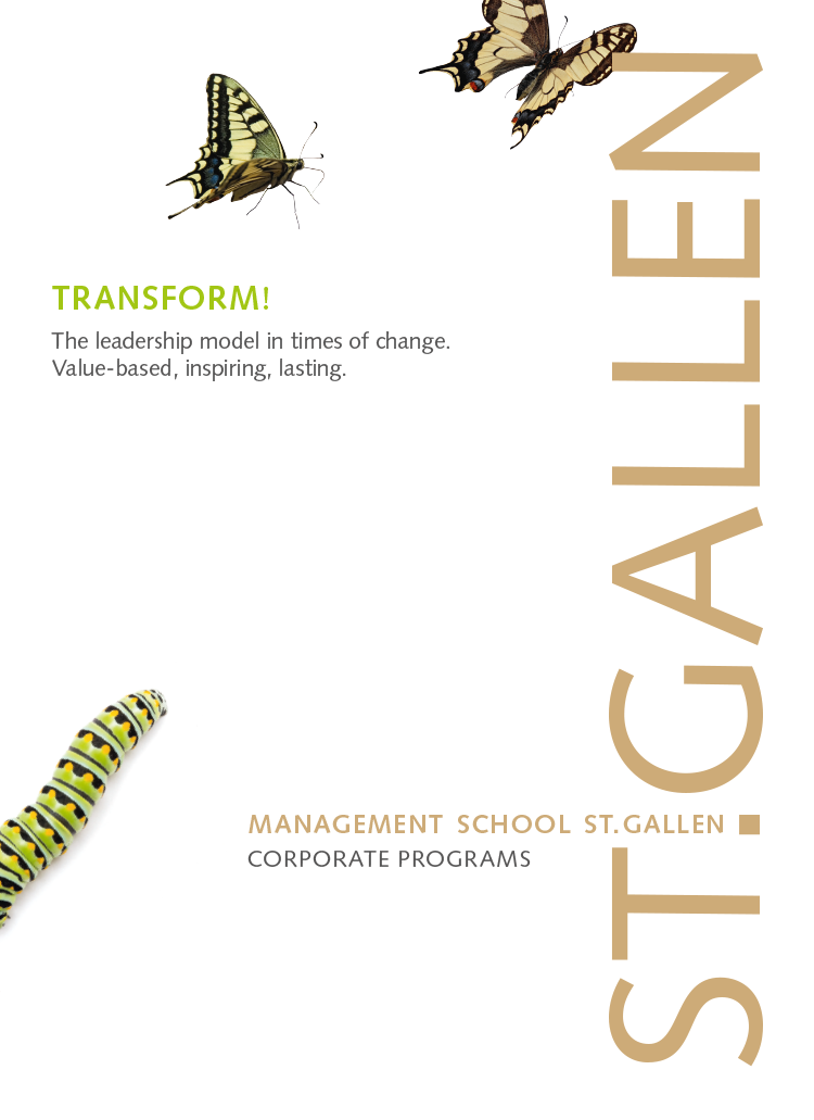 Cover page of the brochure “TRANSFORM!” of the Management School St.Gallen with modern design and logo.