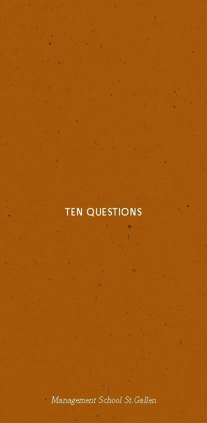 Cover page of the impulse brochure «Ten Questions» with a simple design and the logo of the Management School St.Gallen.