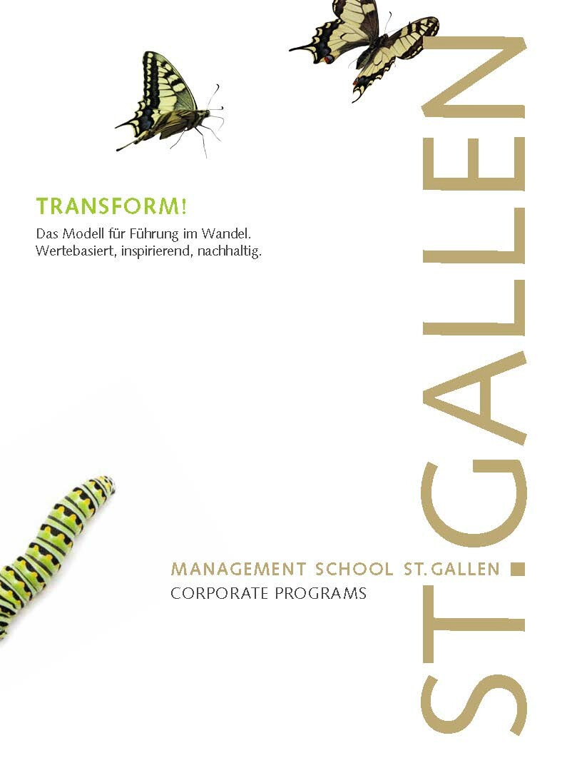 Deckblatt der Impulsschrift «TRANSFORM!» mit einem schlichten Design und dem Logo der Management School St.Gallen.